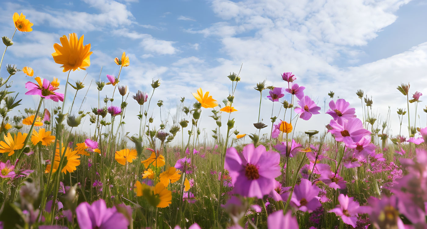 Colorful Wildflowers Field Under Blue Sky with Clouds