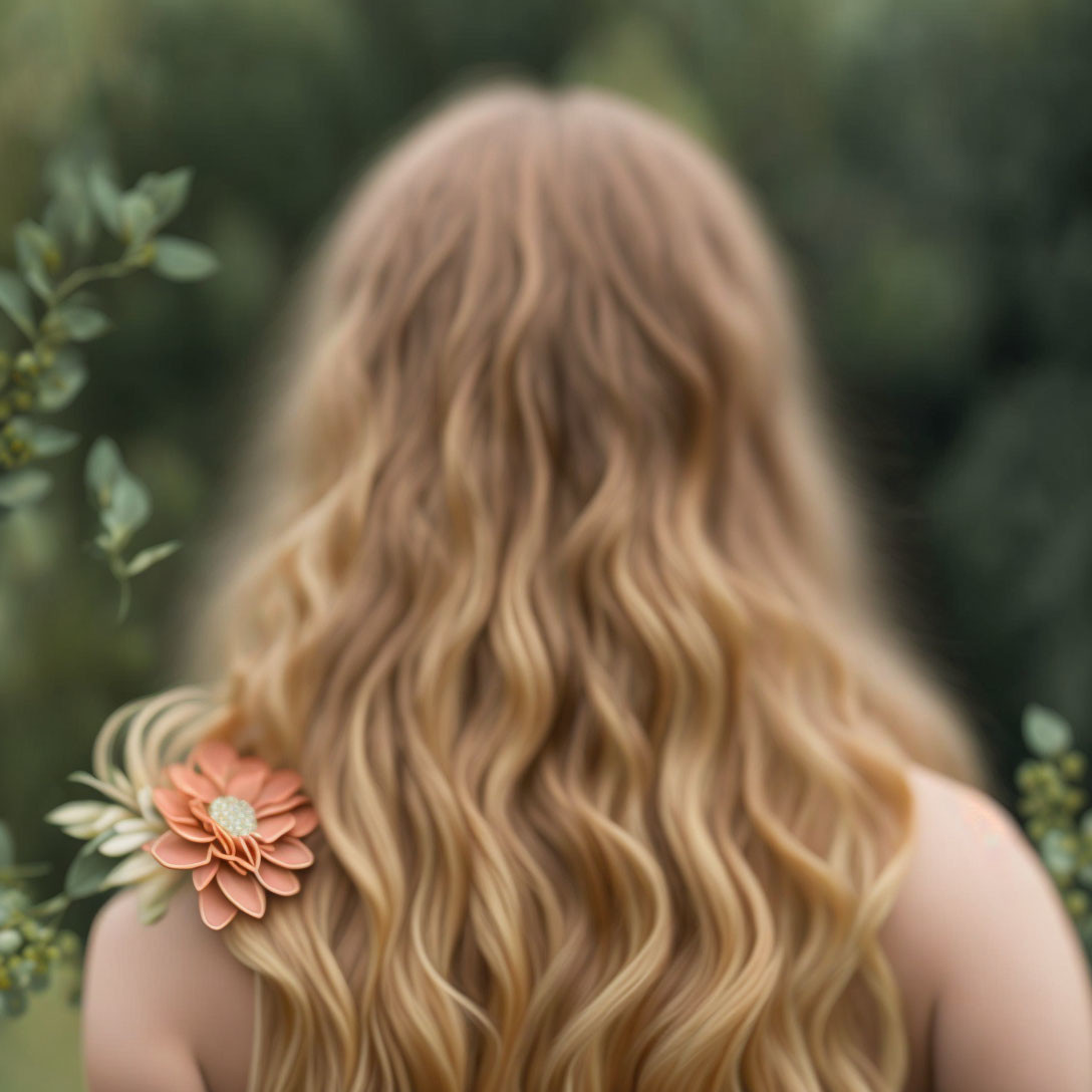 Blonde person with long wavy hair and peach flower from behind