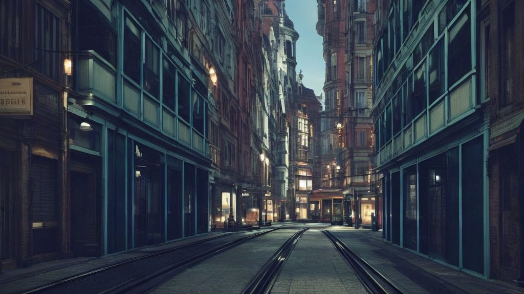 Vintage buildings and tram tracks in deserted urban alley at dusk