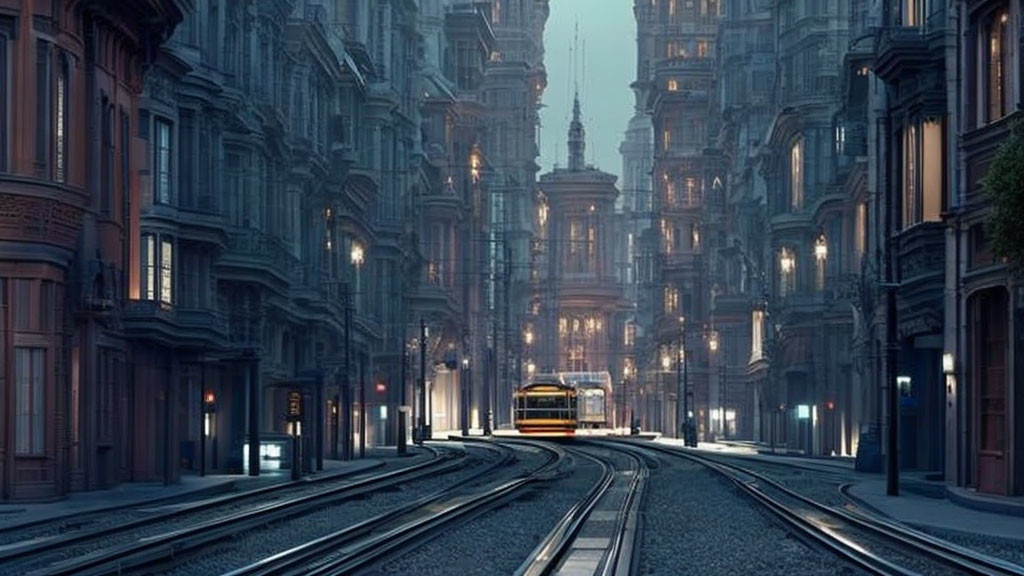 Dusky street with ornate buildings, soft lights, vintage yellow tram