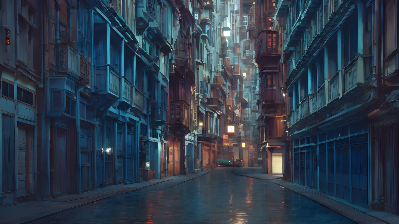 Dimly-lit urban alley with tall buildings and glowing windows in moody blue ambiance