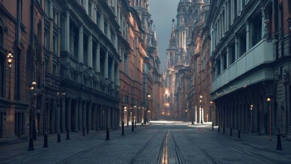 Serene city street at dusk with vintage buildings and illuminated lampposts