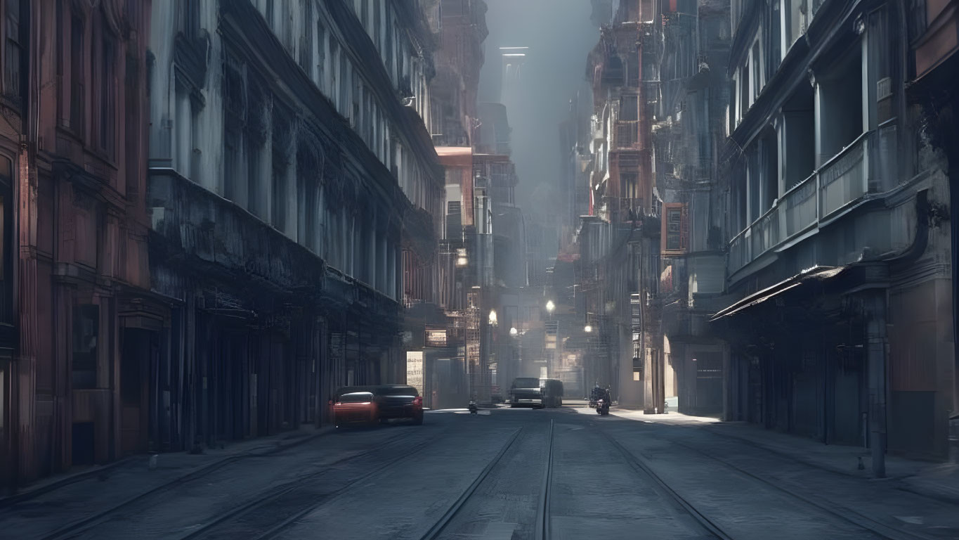 Desolate urban street with fog, old buildings, and scattered cars