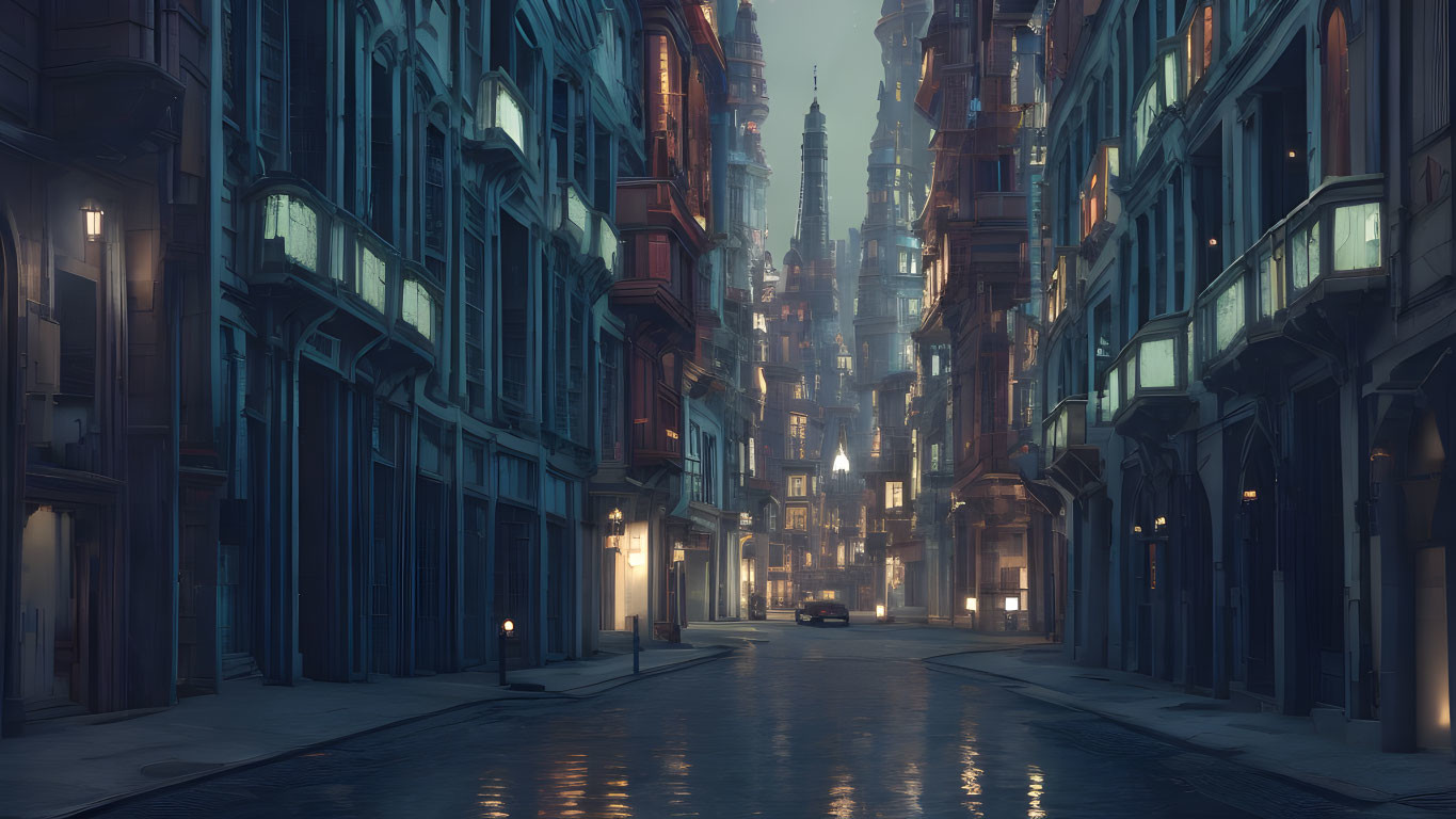 Dusky urban street with old buildings and streetlamps under a hazy sky