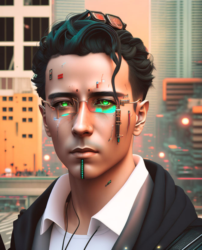 Young man with cybernetic enhancements and green eyes in futuristic cityscape