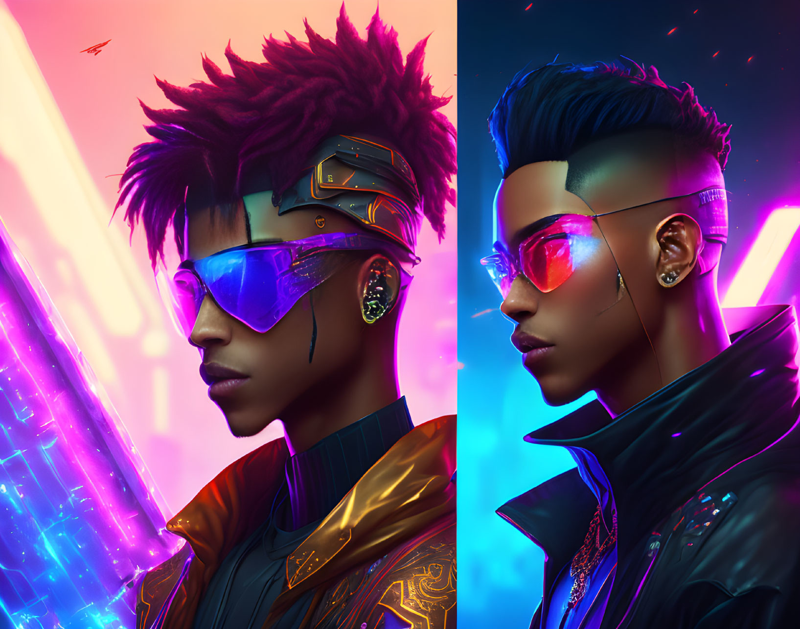 Futuristic digital portraits with vibrant hair and cyberpunk attire