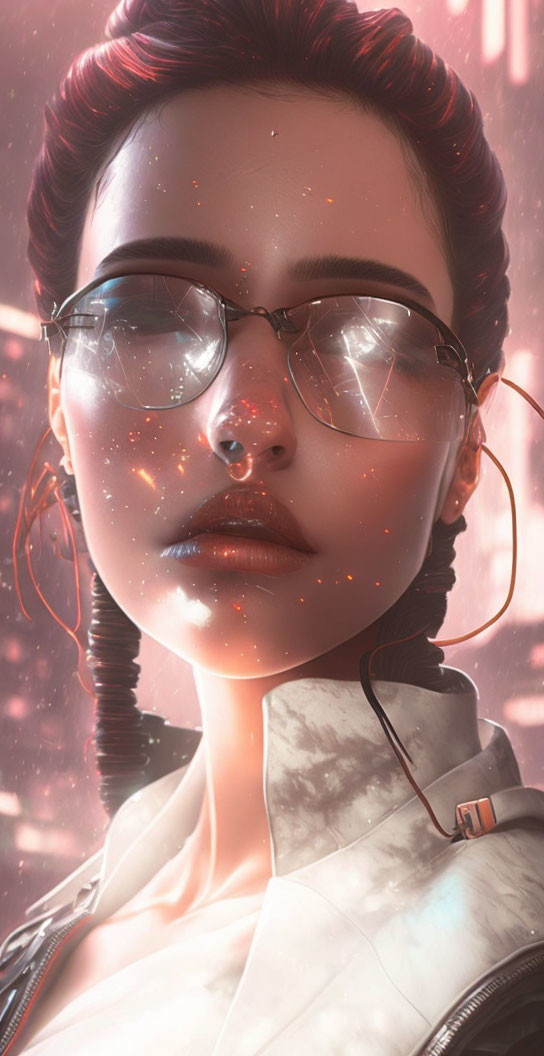 Red-haired woman with bun hair and glasses in cosmic digital art