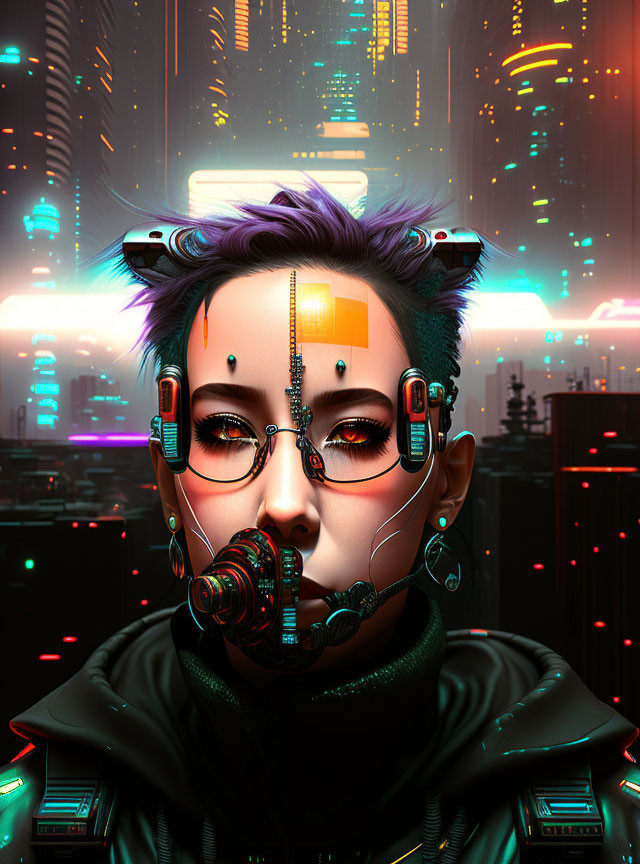 Futuristic cyberpunk portrait with neon cityscape background