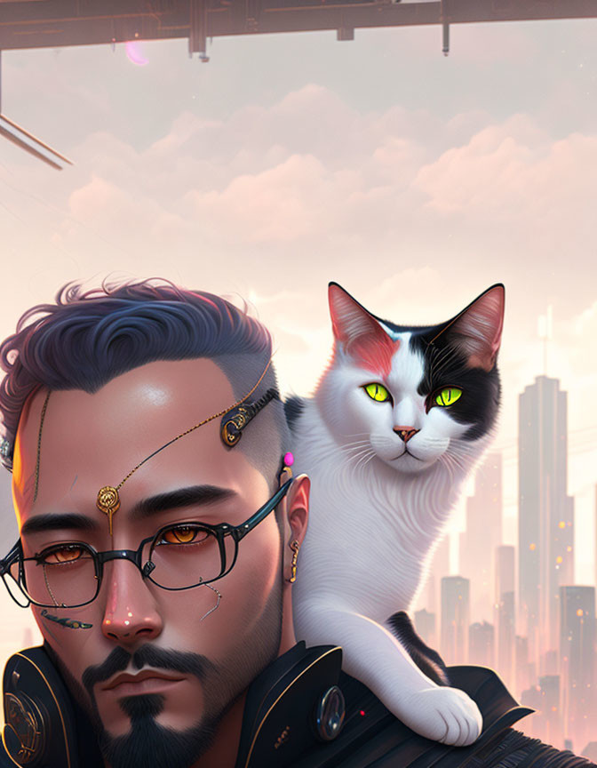 Man with cat on shoulder in futuristic cityscape.