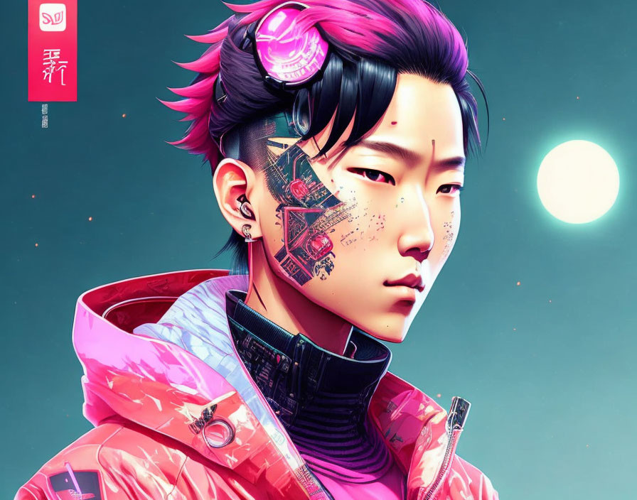 Illustration of person with pink hair, cybernetic face implant, futuristic jacket, moon & symbols