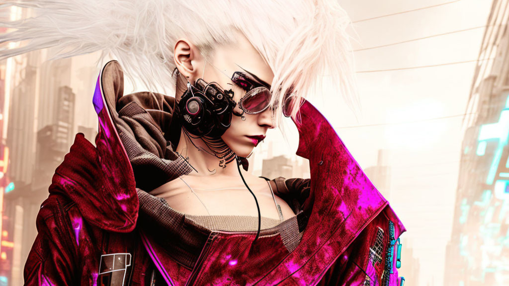 White-haired cyberpunk with mechanical eye and red attire in front of futuristic cityscape