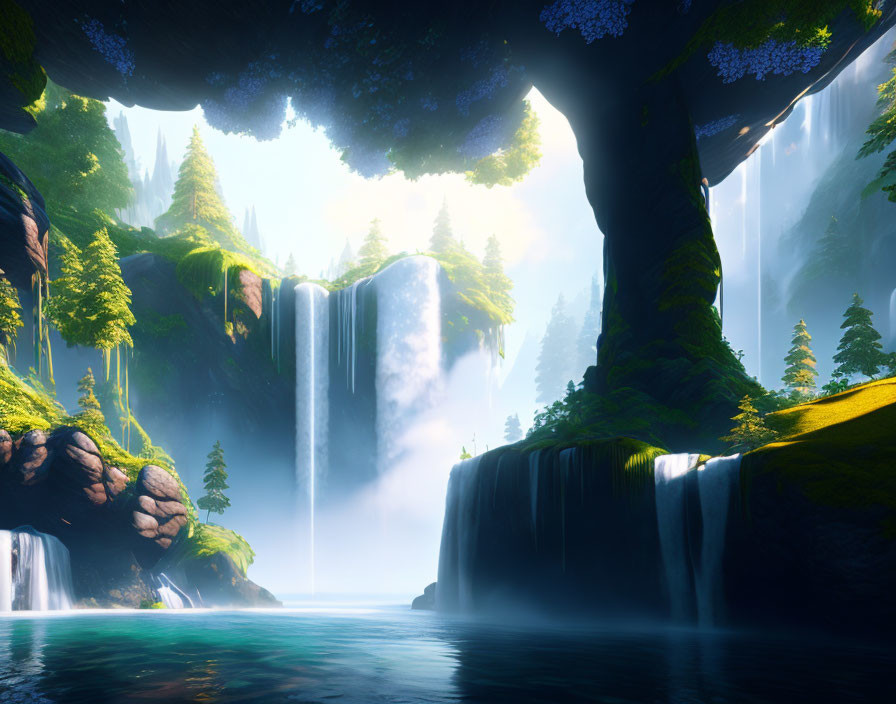 Majestic waterfalls in serene fantasy landscape