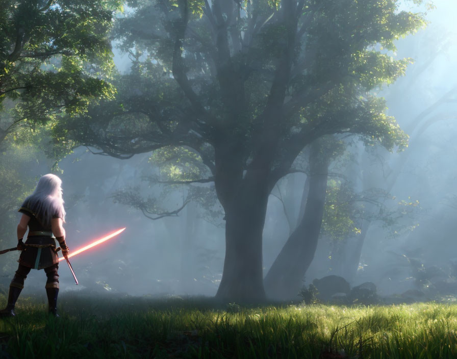 Warrior with red sword in misty forest under sunlight.