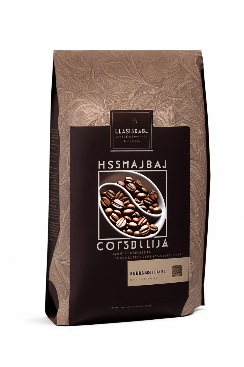 Intricate Patterned Coffee Bean Package with Brand Names and Coffee Beans Graphic