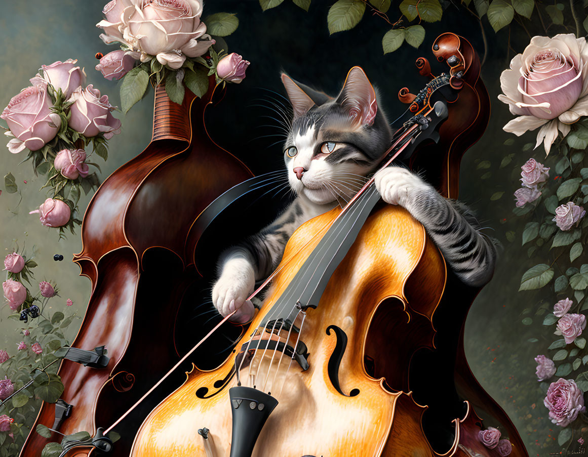 Cat playing cello in rose garden illustration