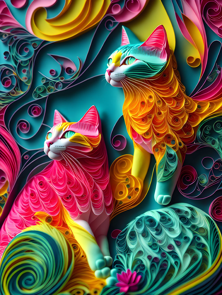 Vibrantly colored stylized cats with intricate patterns in swirling abstract shapes