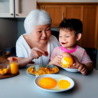 Elderly woman smiles at child with orange and breakfast spread