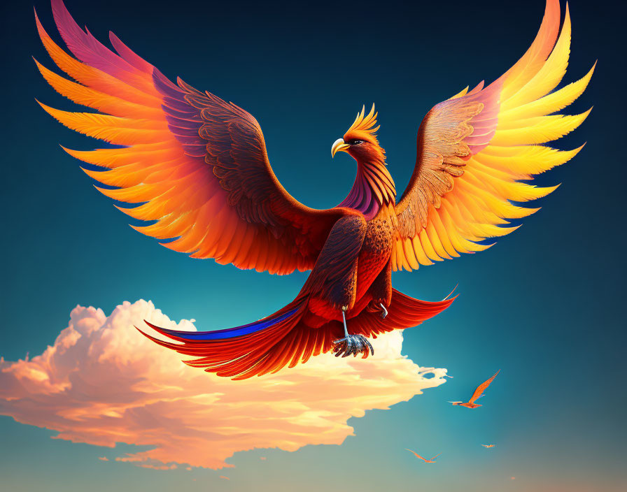 Majestic phoenix with fiery feathers soaring in blue sky