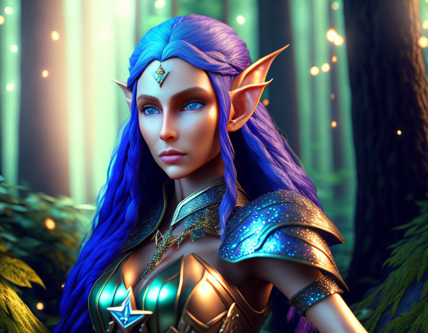 Detailed 3D illustration of female elf in blue hair and armor in mystical forest