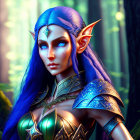 Detailed 3D illustration of female elf in blue hair and armor in mystical forest