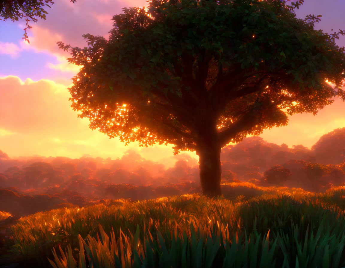 Majestic tree at sunset in lush field with golden light.