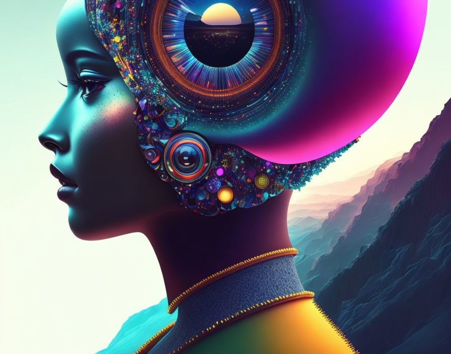 Profile View Digital Artwork: Woman with Vibrant Mechanical Hair on Pastel Mountain Backdrop