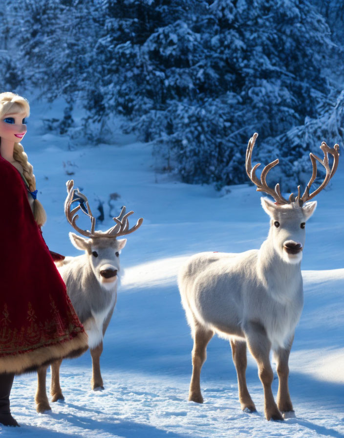 Blonde woman with reindeer in snowy landscape