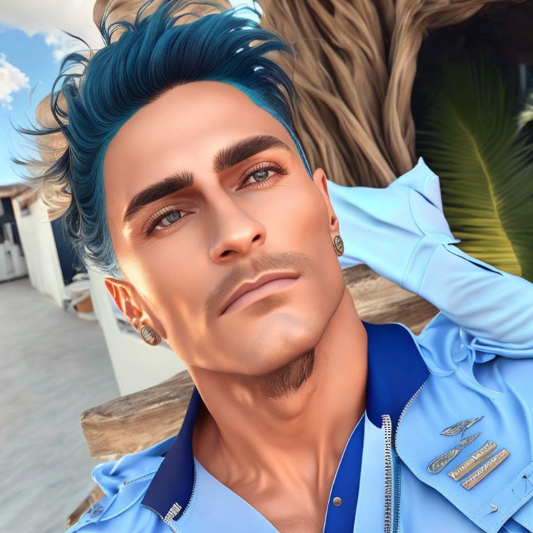 Male digital portrait with teal hair, sharp features, blue jacket, and gold earrings