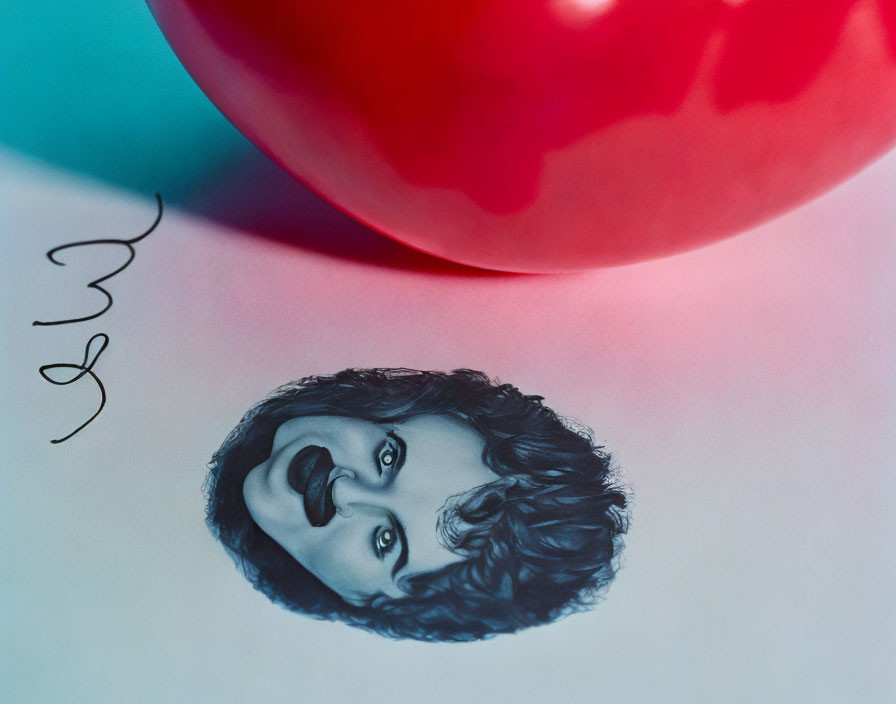 Smiling individual with curly hair and red balloon sketch on two-tone background