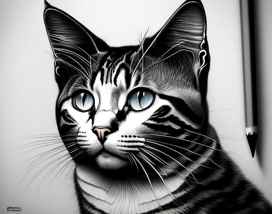 Hyper-realistic Black and White Striped Cat Drawing with Blue Eyes and Pencil