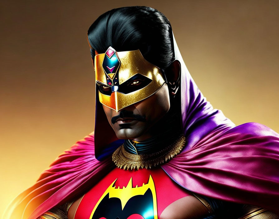 Character in superhero costume with bat emblem and colorful mask