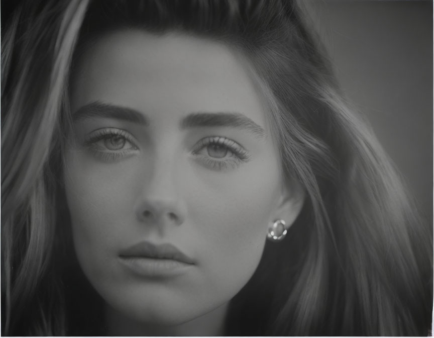 Monochrome close-up portrait of woman with striking eyes and earring