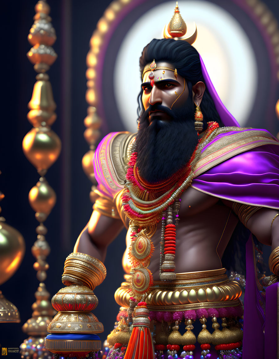 Traditional Indian Attire: Regal Bearded Character with Crescent Moon Background