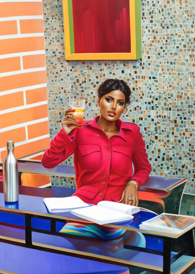 Woman in Red Jacket Sitting at Colorful Table with Papers and Glass of Orange Juice