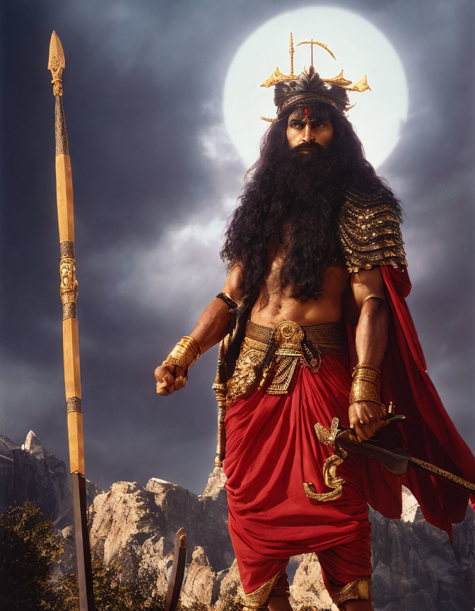 Bearded warrior in ancient attire with spear against moonlit mountains