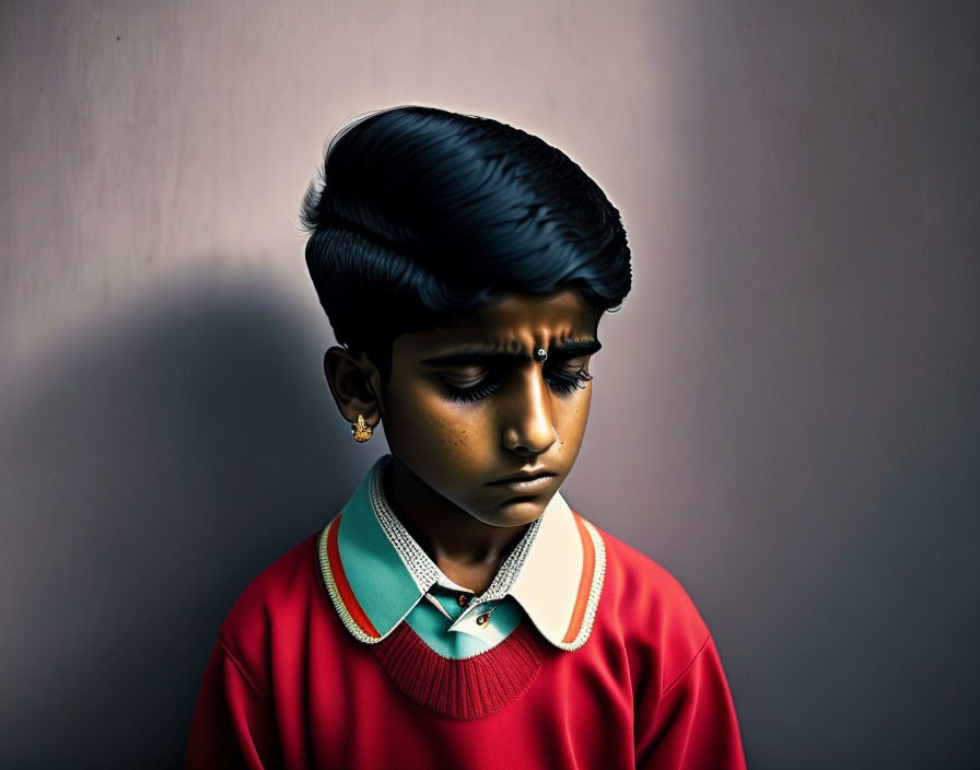 Child in red clothing with dark hair on gray background