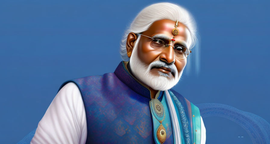 Elderly man in traditional Indian attire with white beard on blue background