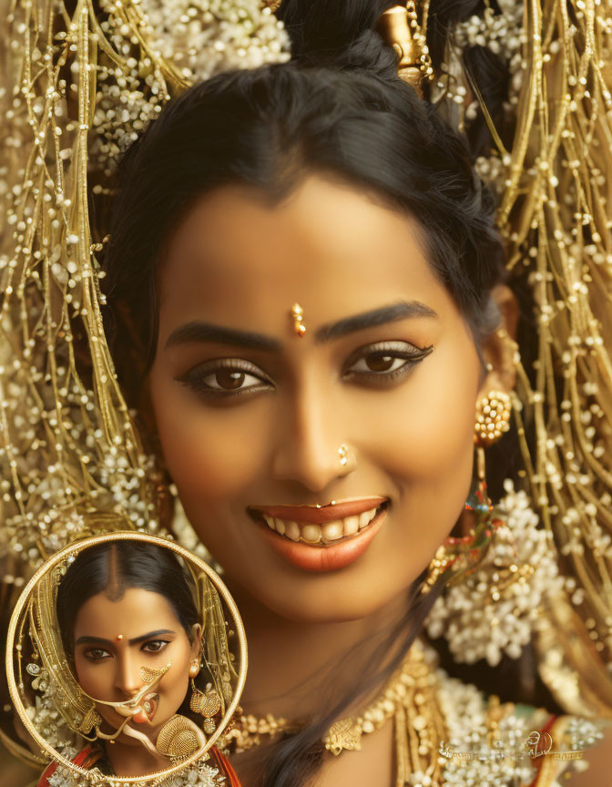 Woman with gold jewelry and white flowers, smiling in mirror reflection