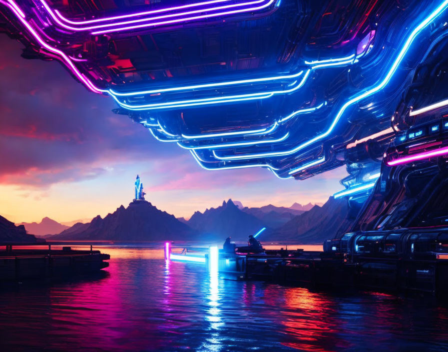 Futuristic cityscape at dusk with neon lights and advanced architecture.