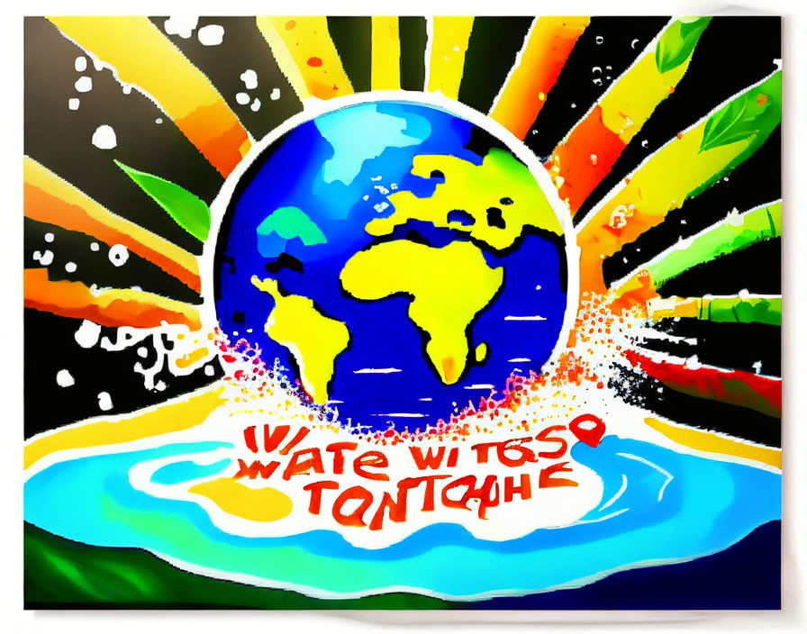 Colorful Earth painting with bright rays and splashes, featuring "Water with too Tonight" phrase.