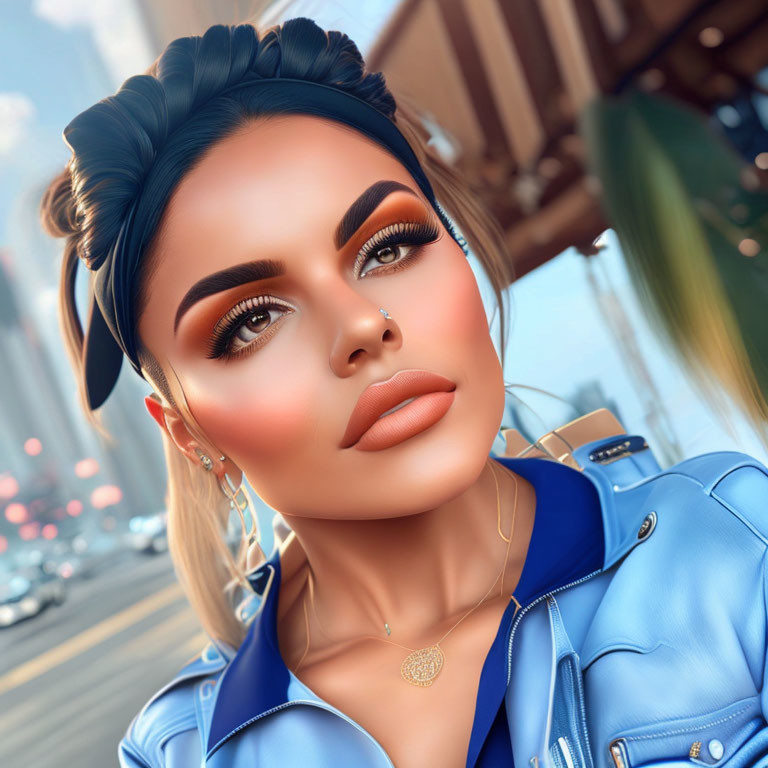 Digital portrait of woman with high bun, nose ring, dramatic makeup, blue leather jacket in urban setting