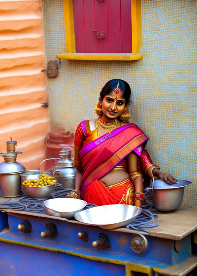 Traditional Indian Utensils with Woman in Red Sari and Lemons on Blue Counter