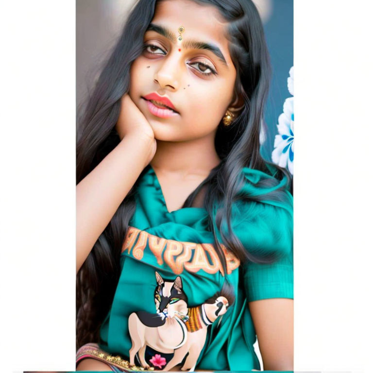 Traditional attire: Young girl with long hair in thoughtful pose