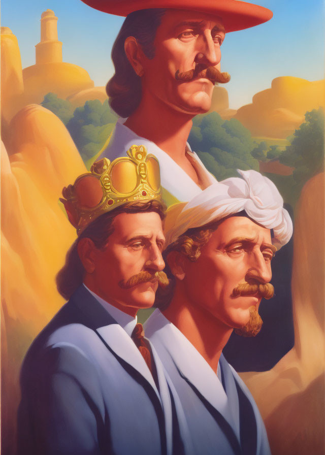 Stylized portraits of a mustachioed man in royal, turban, and suit attire