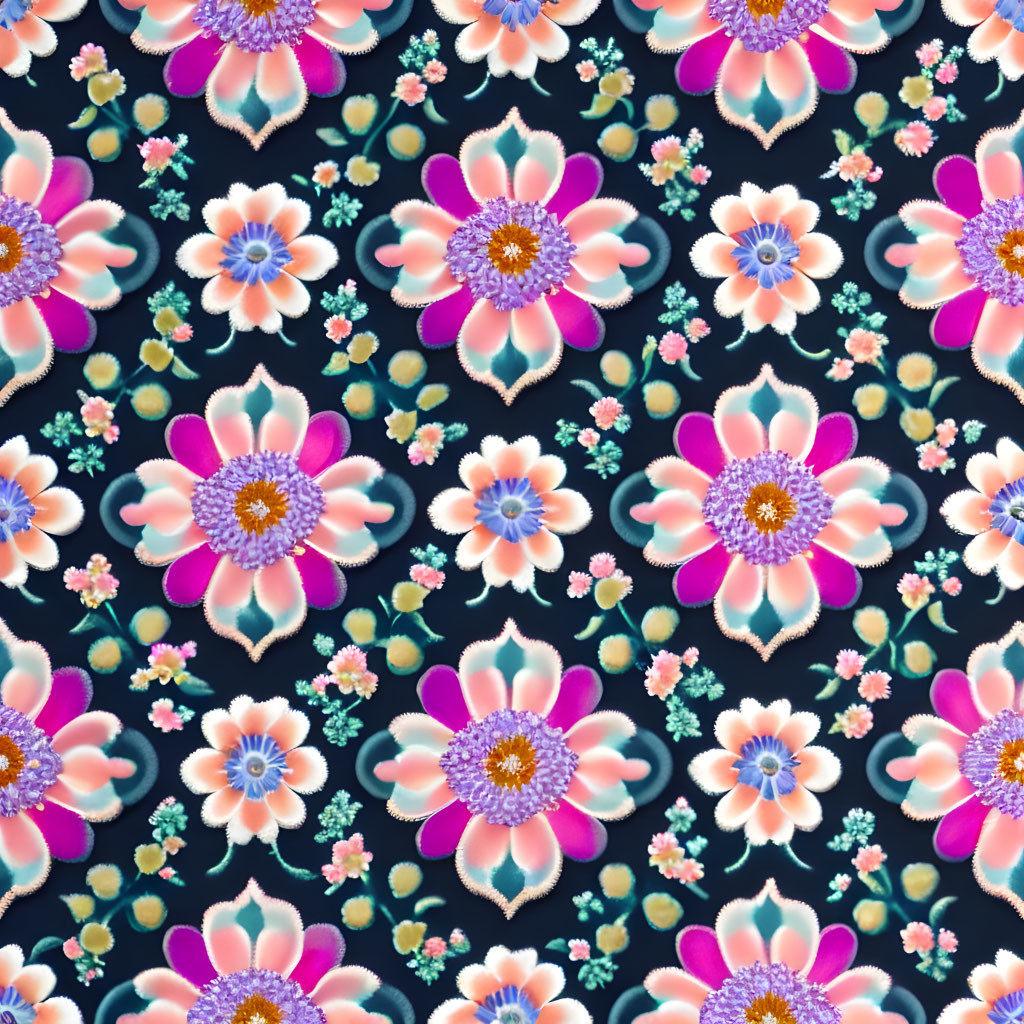 Colorful Floral Pattern with Pink, Purple, and White Flowers on Dark Blue Background