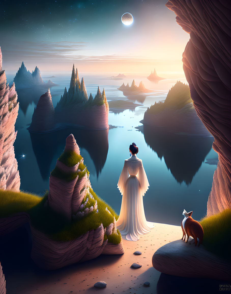 Woman in white dress with fox at cliff edge by serene lake & rock formations at twilight