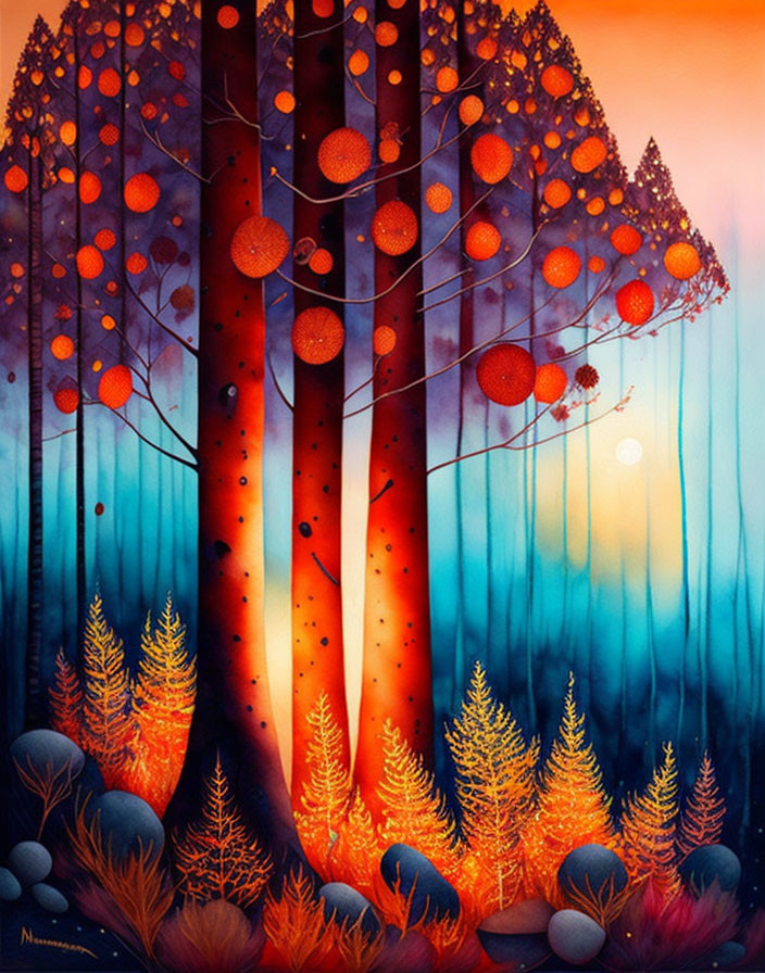 Surreal forest painting with fiery orange foliage