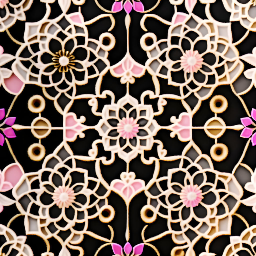 Floral Pattern with Pink and Gold Accents on Black Background