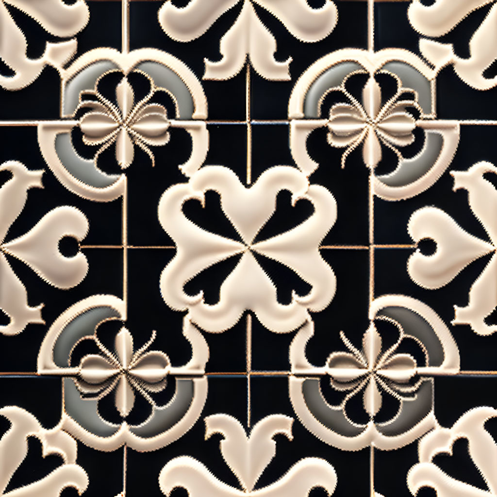 Cream and Taupe Symmetrical Patterns on Black Ceramic Tiles