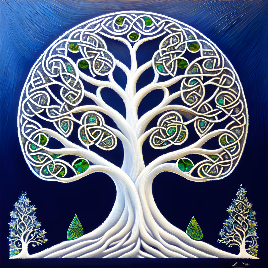 Stylized white tree painting with Celtic knot branches on swirling blue background